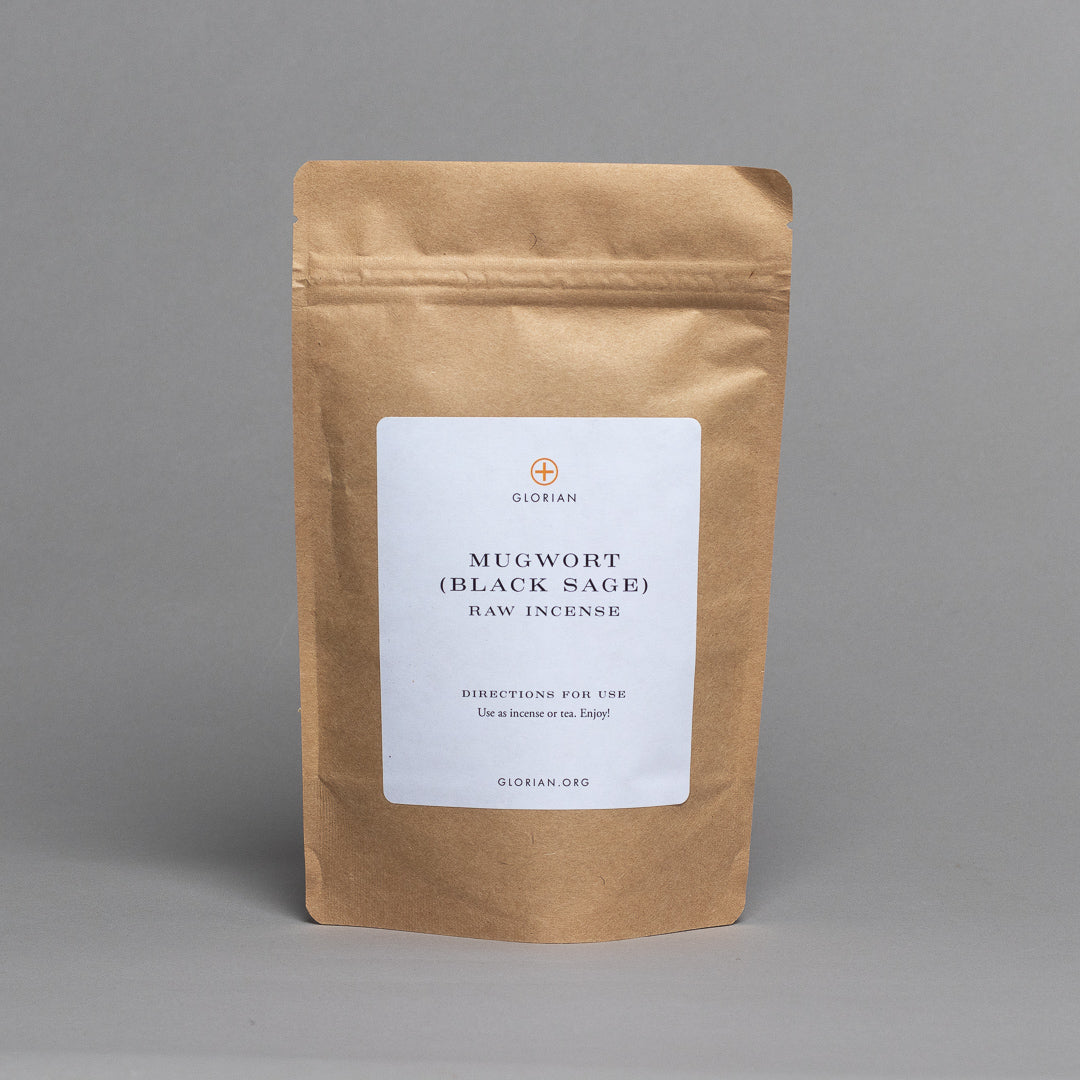A sealed brown pouch labeled Black Sage (Mugwort) Loose stands against a gray background, featuring directions for use and proudly displaying the brand name GLORIAN.