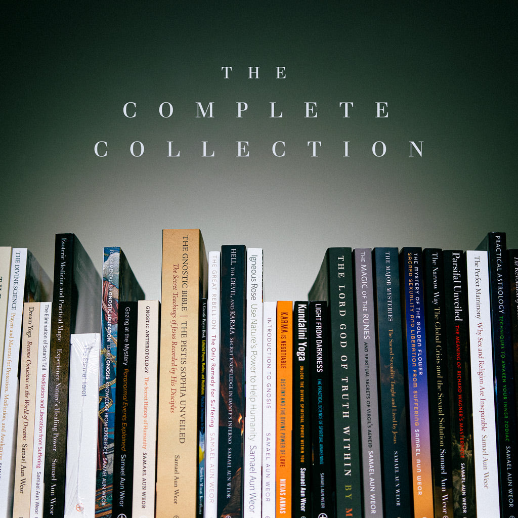 The Glorian Book Collection stands upright against a dark background, with THE COMPLETE COLLECTION above it in uppercase, inviting readers to explore deep insights and Gnostic education.