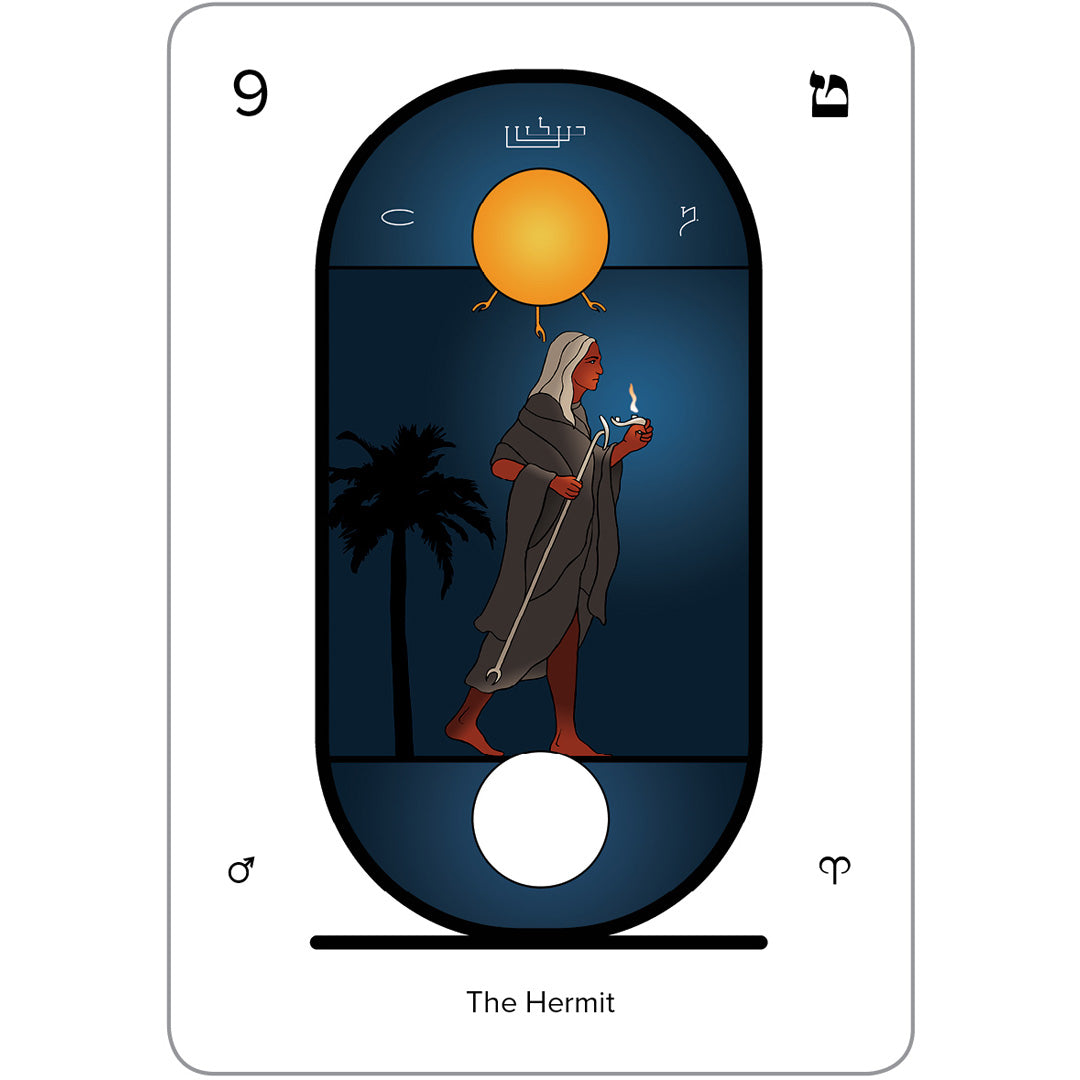 Illustration from the Eternal Tarot Deck and Book Set: A hooded Hermit walks in darkness, lantern in hand under a full moon. Hebrew letters, astrological symbols, and a palm tree decorate the scene. A sun tops the design, framed by white edges with minimal text.