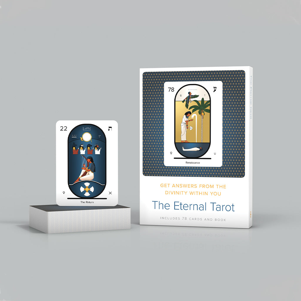 Explore the mystical Metatron with the Eternal Tarot Deck and Book Set. This deck features 78 cards, including The Return with Hebrew letters, and a book all elegantly designed on a minimalist neutral background.