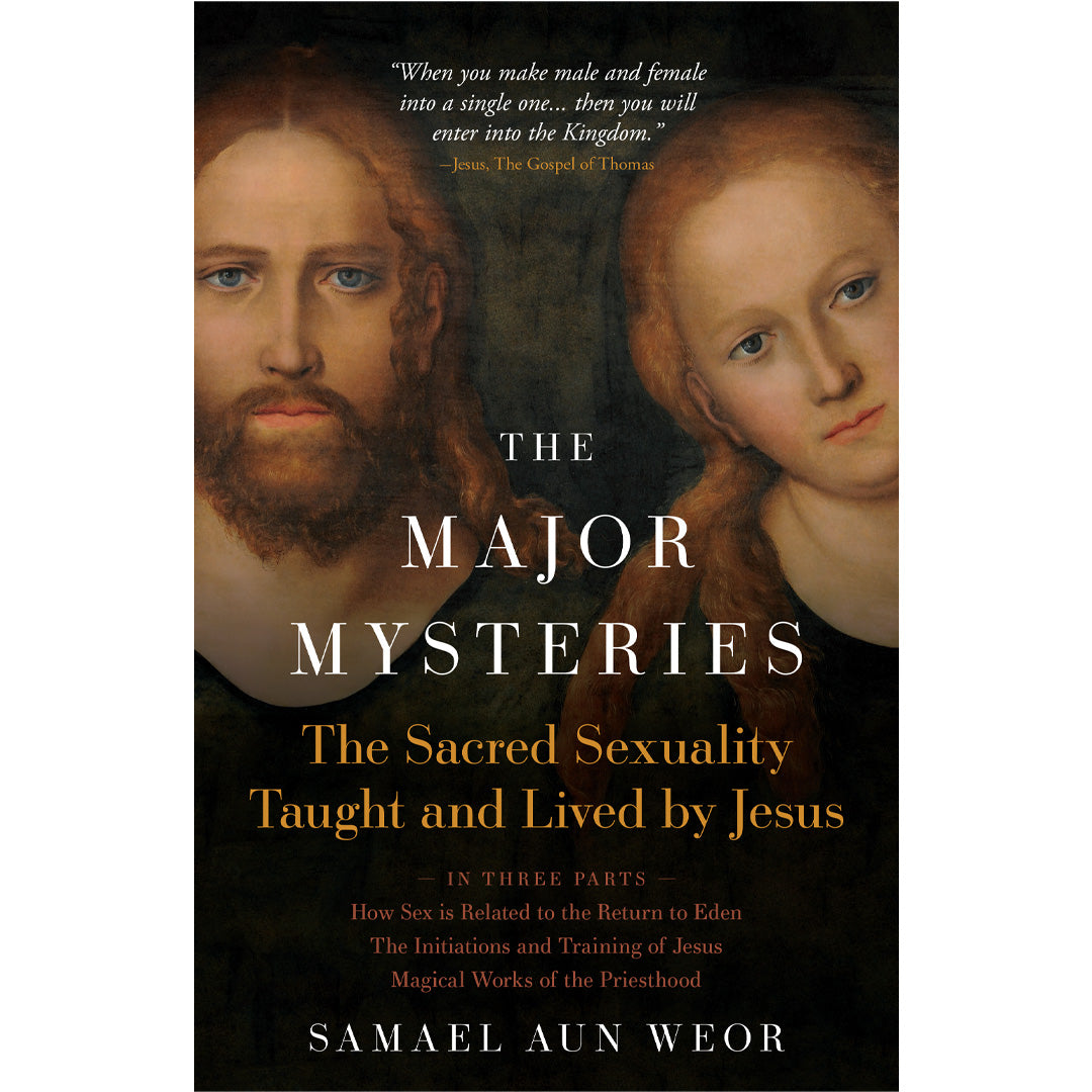 The *Major Mysteries* by Samael Aun Weor features a book cover with two serene religious paintings. The subtitle delves into themes of Eden, Jesus, and secret teachings, inviting readers to explore hidden magical works.