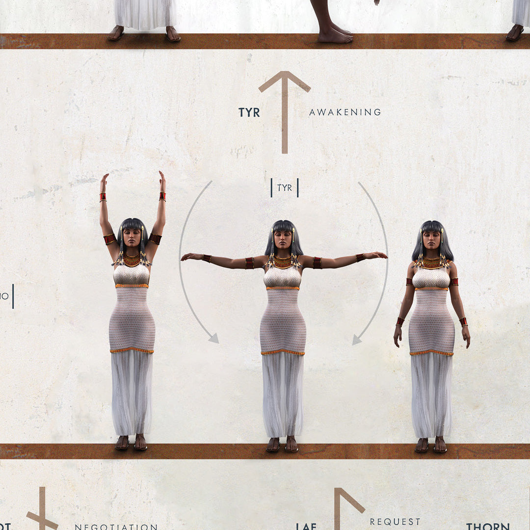 A woman in a beige and white dress poses to depict awakening consciousness, moving her arms from raised to extended sideways and finally lowered. TYR and Awakening text appear alongside arrows showing motion on the Practical Runes Poster.