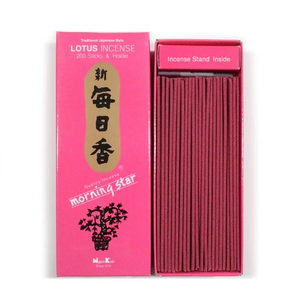 An open pink box of Morning Star Lotus Incense reveals neatly arranged Japanese sticks. The box features elegant Japanese characters, Incense Stand Inside, a tree illustration, and a floral pattern, ideal for creating a relaxing atmosphere.