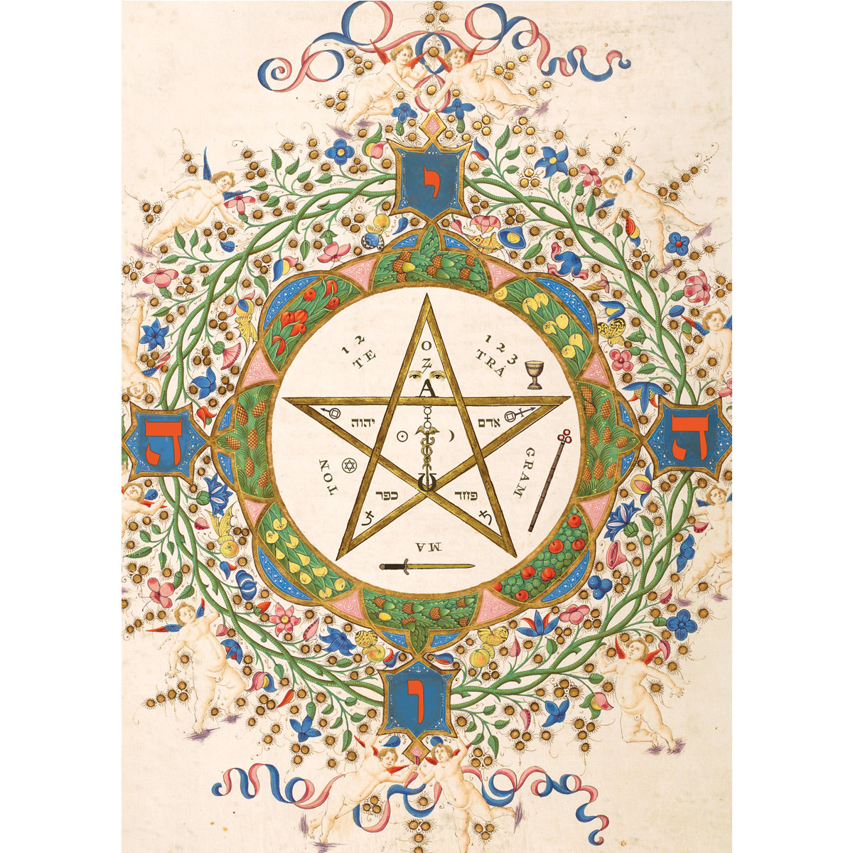 The Protective Pentagram Card features an ornate illustration with a pentagram for protection, surrounded by intricate floral and vine patterns. Hebrew letters and mystical symbols are seamlessly woven into the design on an aged paper background.