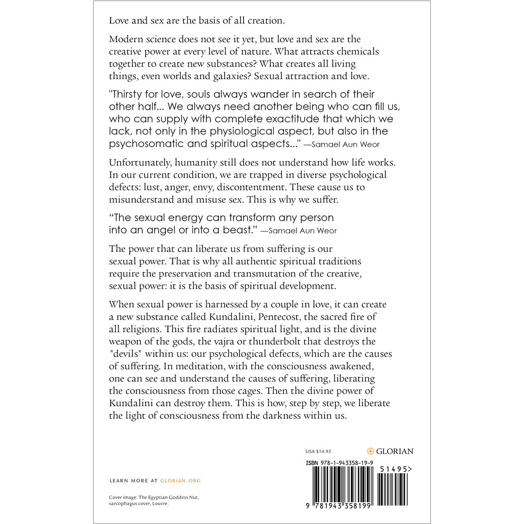 A page delves into the sacred power of love and sexual attraction as spiritual forces, citing D.H. Lawrence and themes of depletion, healing, and humanitys transformative essence. The book Light from Darkness: The Sacred Power of Love and Sex features a discreet logo and barcode at the bottom.