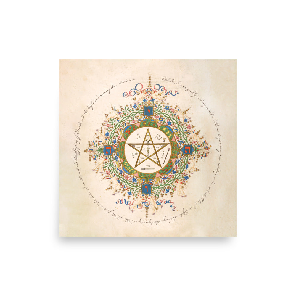 The Protective Pentagram Poster [Square] showcases an ornate design with a central pentagram on a beige background, encircled by vibrant floral patterns and decorative script reminiscent of illuminated manuscripts, all printed on museum-quality matte paper.