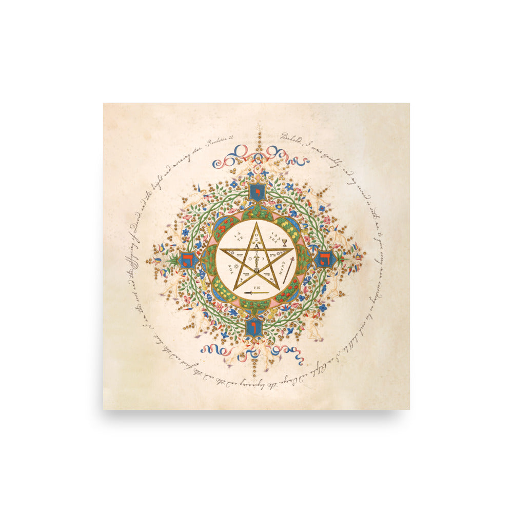 The Protective Pentagram Poster [Square] on museum-quality matte paper showcases an ornate design with a central intricate pentagram symbolizing protection, surrounded by colorful floral-vine motifs and encircled by handwritten script on a parchment-like textured background.