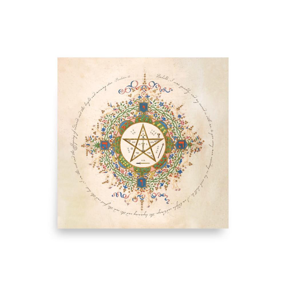 A vibrant square poster showcases an ornate pentagram at its center, encircled by intricate floral and geometric patterns. Elegant cursive script symbolizes protection and compassion, all printed on museum-quality matte paper for a textured finish.
