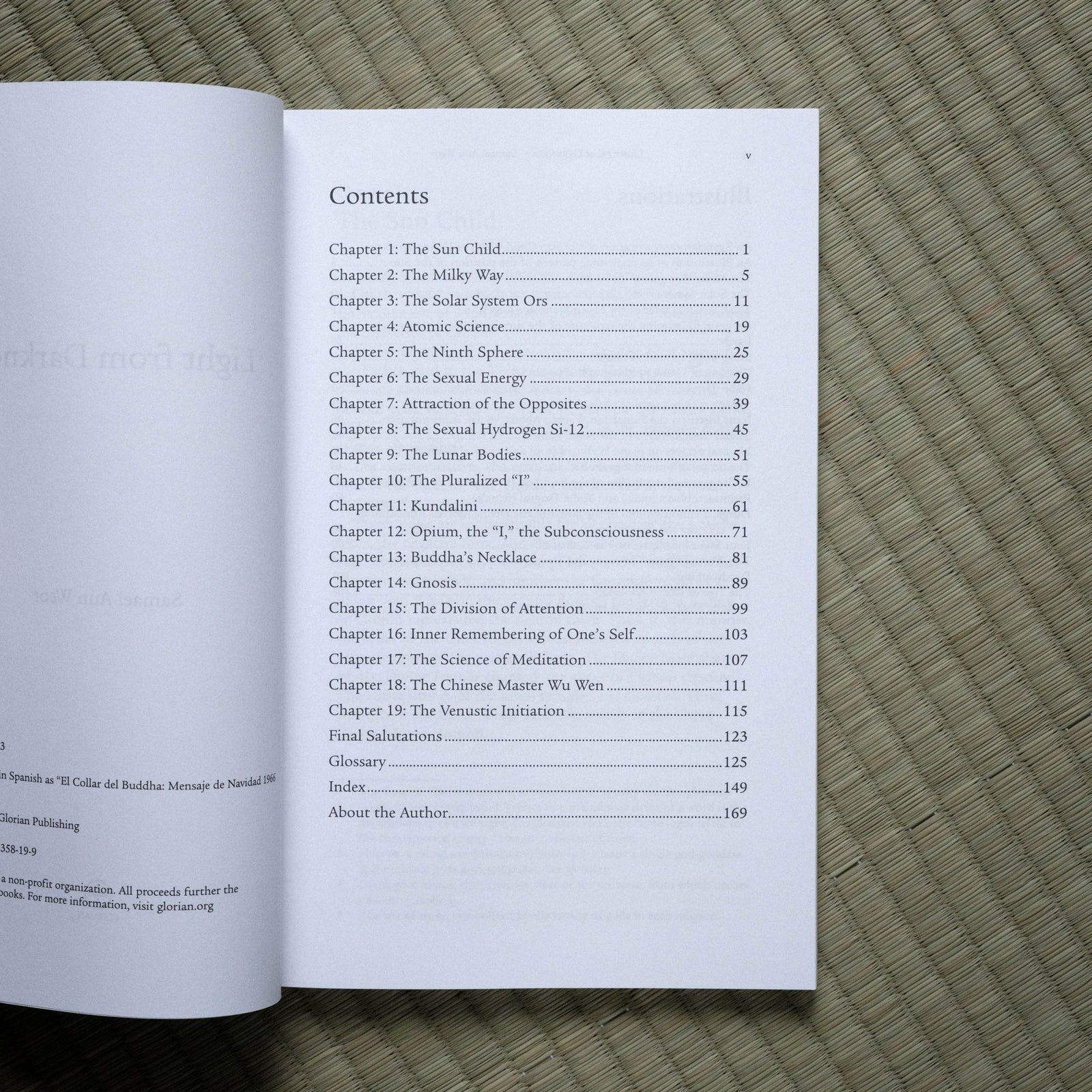 Table of contents page of a book on a woven mat background