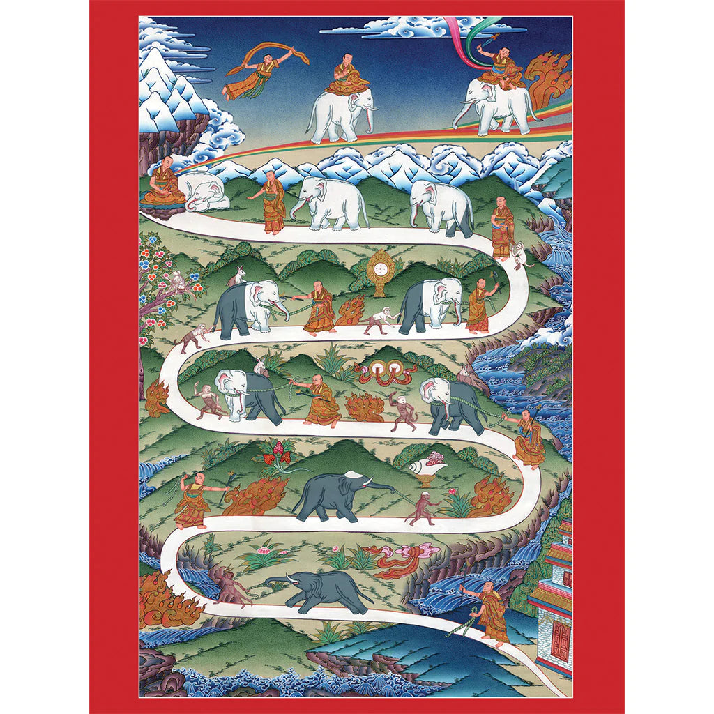 The Stages of Concentration in Meditation Museum Quality Poster features a Tibetan Buddhist thangka illustrating the path to enlightenment, with a monk guiding an elephant through meditation stages amidst vibrant symbols and animals in a stunning mountainous landscape.