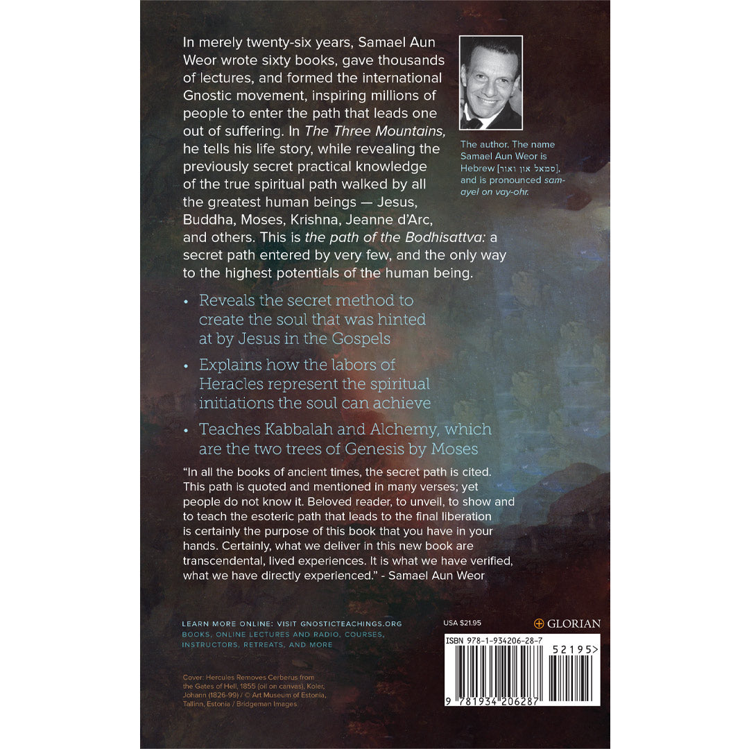 The back cover of Three Mountains showcases the authors insights, exploring themes like Kabbalah and blending teachings from various spiritual figures. It delves into spirituality through Gnostic movement studies, with a small author photo in the top right corner.
