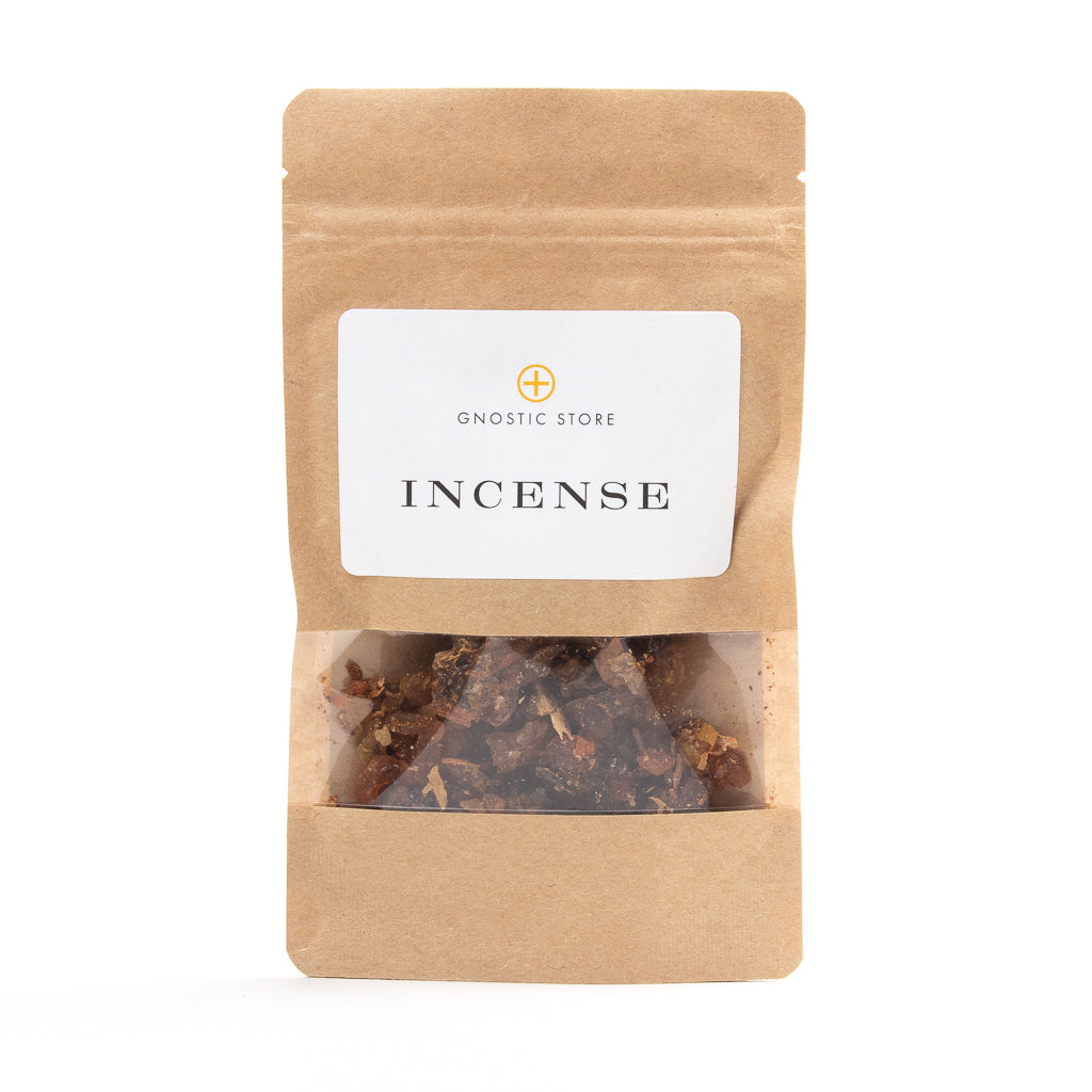 A brown resealable bag labeled Gnostic Store Myrrh Resin Incense, First Grade with a plus sign symbol is on display. The bag features a simple design and has a clear window showing the aromatic chunks inside.