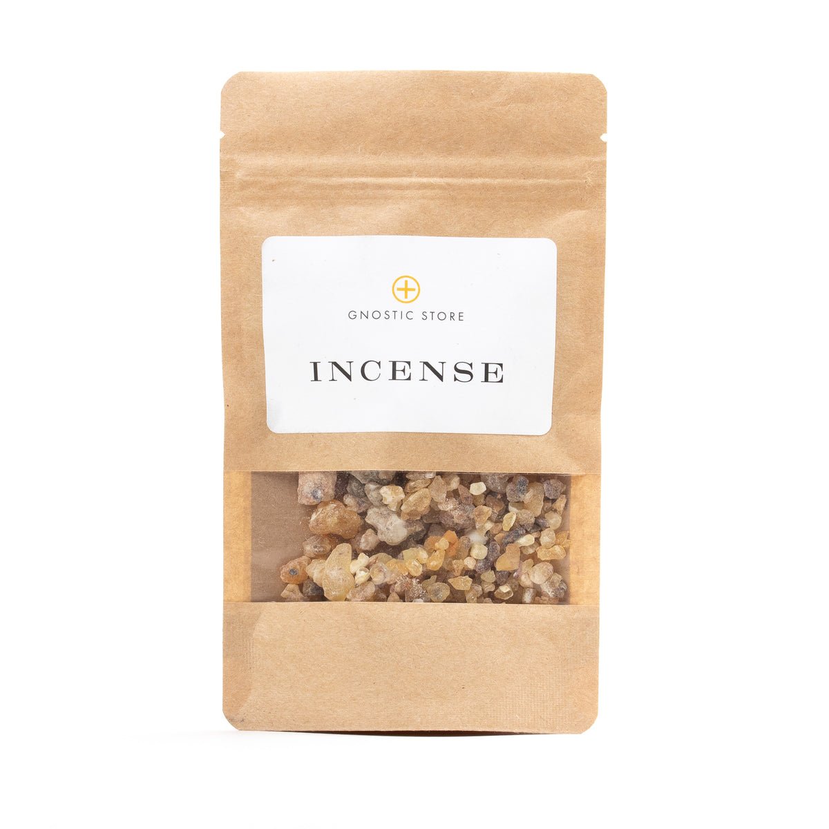 A kraft paper pouch labeled Gnostic Store features a clear window showing Maydi Frankincense granules inside, with Frankincense Resin Incense: First Grade Maydi (Organic Boswellia frereana from Somalia) on a white label, below a small circular logo.