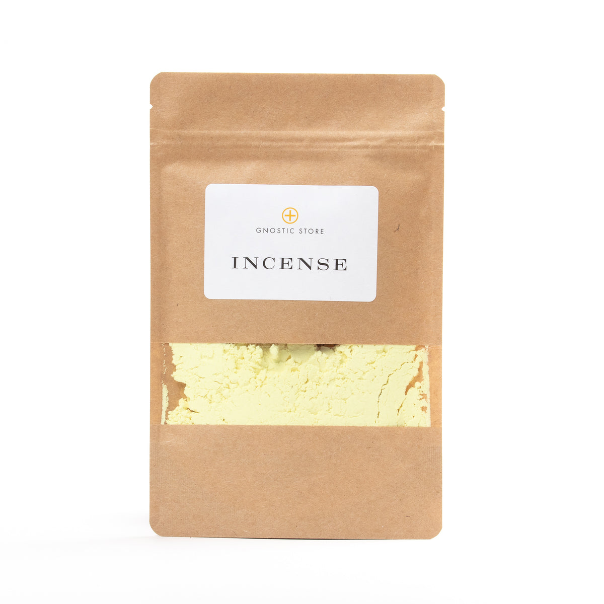 A brown paper pouch with a clear window displays light yellow sulfur powder, ideal for cleansing. The resealable zipper maintains freshness, and the label reads Gnostic Store Incense, perfect for removing negative energy.