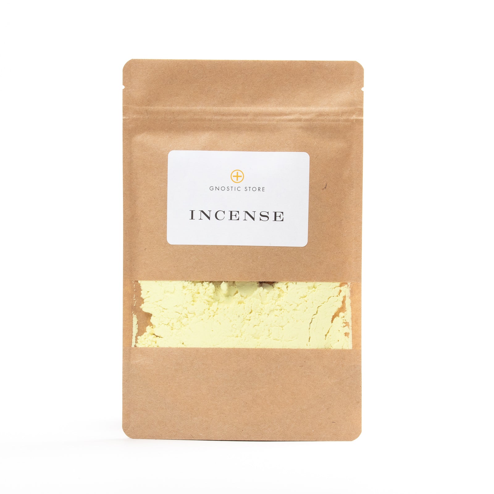 A brown paper pouch with a clear window displays light yellow sulfur powder, ideal for cleansing. The resealable zipper maintains freshness, and the label reads Gnostic Store Incense, perfect for removing negative energy.