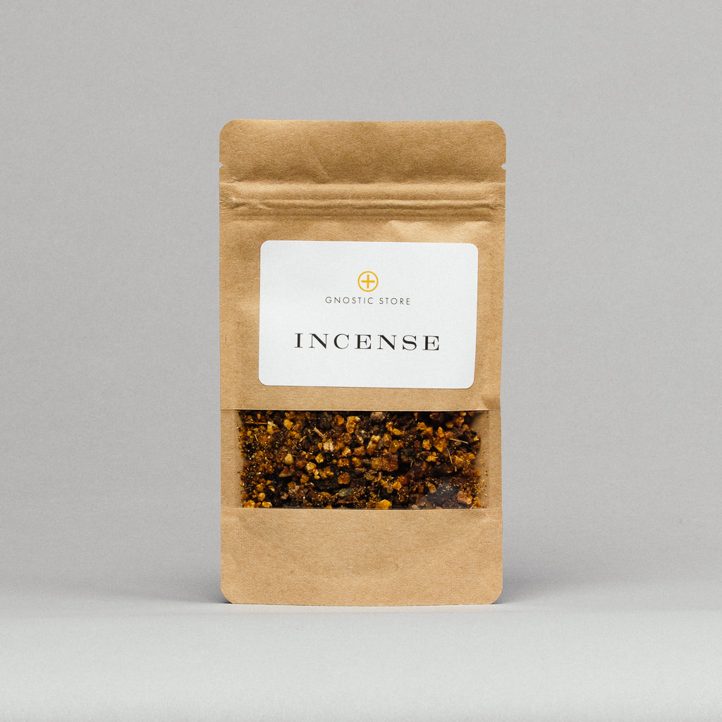 A brown paper pouch labeled Opoponax (Sweet Myrrh) Resin Incense by Gnostic Store features a clear window showing small aromatic pieces, elegantly displayed against a gray backdrop.
