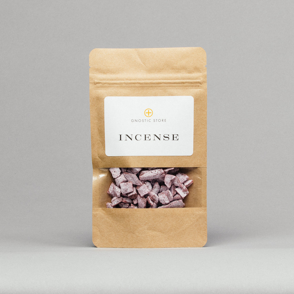 A gray backdrop showcases a brown pouch labeled Gnostic Store, holding purple chunks of Rose Resin Incense: Premium Mt Athos.