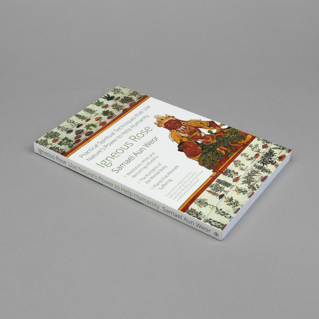 The image features the book Igneous Rose by Samael Aun Weor, showcasing a cover with intricate patterns on its edges. Resting on a gray background, it explores themes of meditation and unlocking kundalini energy.