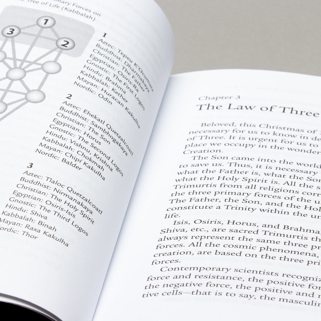 The open book Spiritual Power of Sound shows a diagram of energy vibrations in circles on the left and Chapter 3: The Law of Three with insights into spiritual awakening on the right.