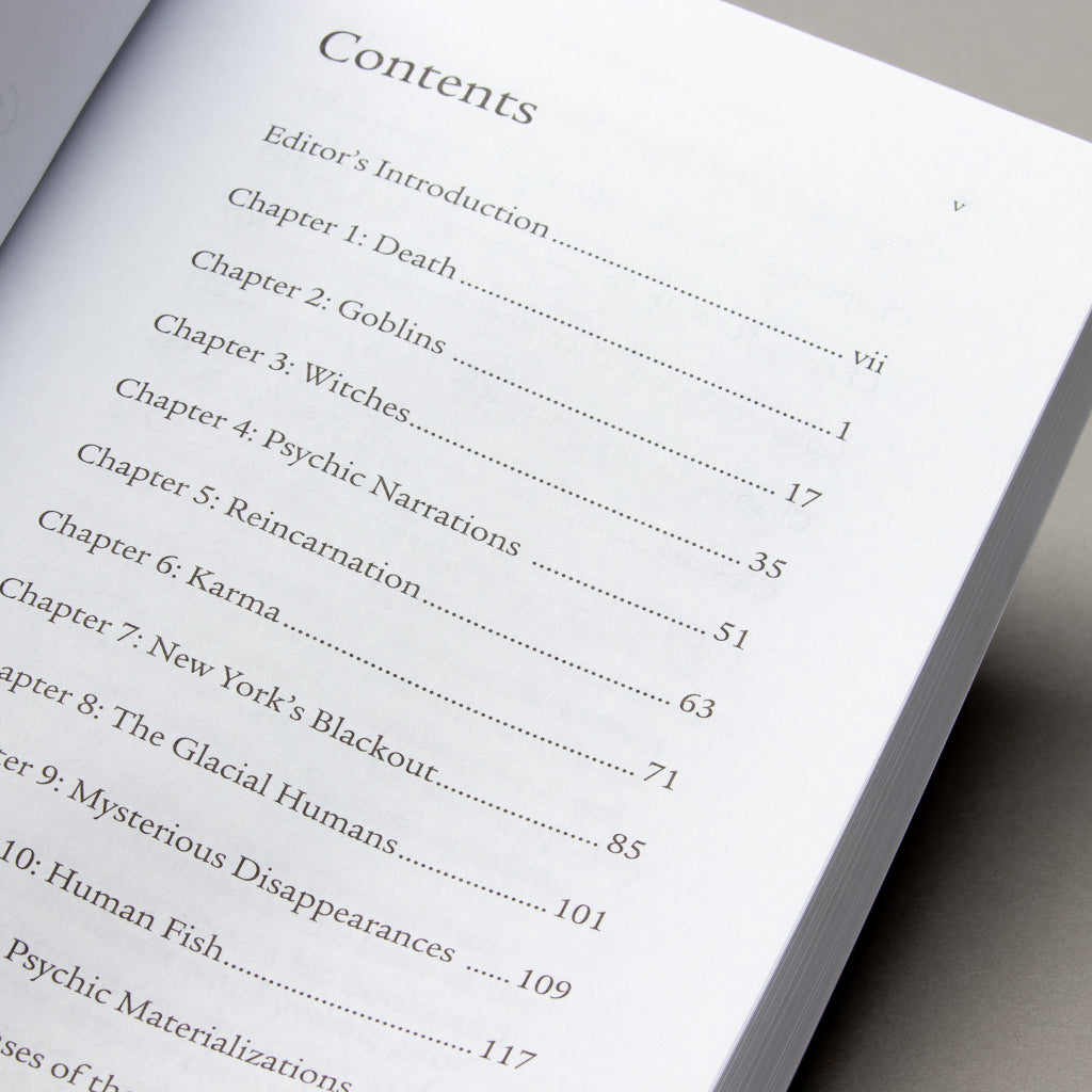 Close-up of the table of contents from Gazing at the Mystery. Chapters include: Death, Goblins, Witches, Psychic Narrations, Karma, Reincarnation, New Yorks Blackout, The Glacial Humans, Mysterious Disappearances, Human Fish, Astral Projection Adventures and Psychic Materializations.