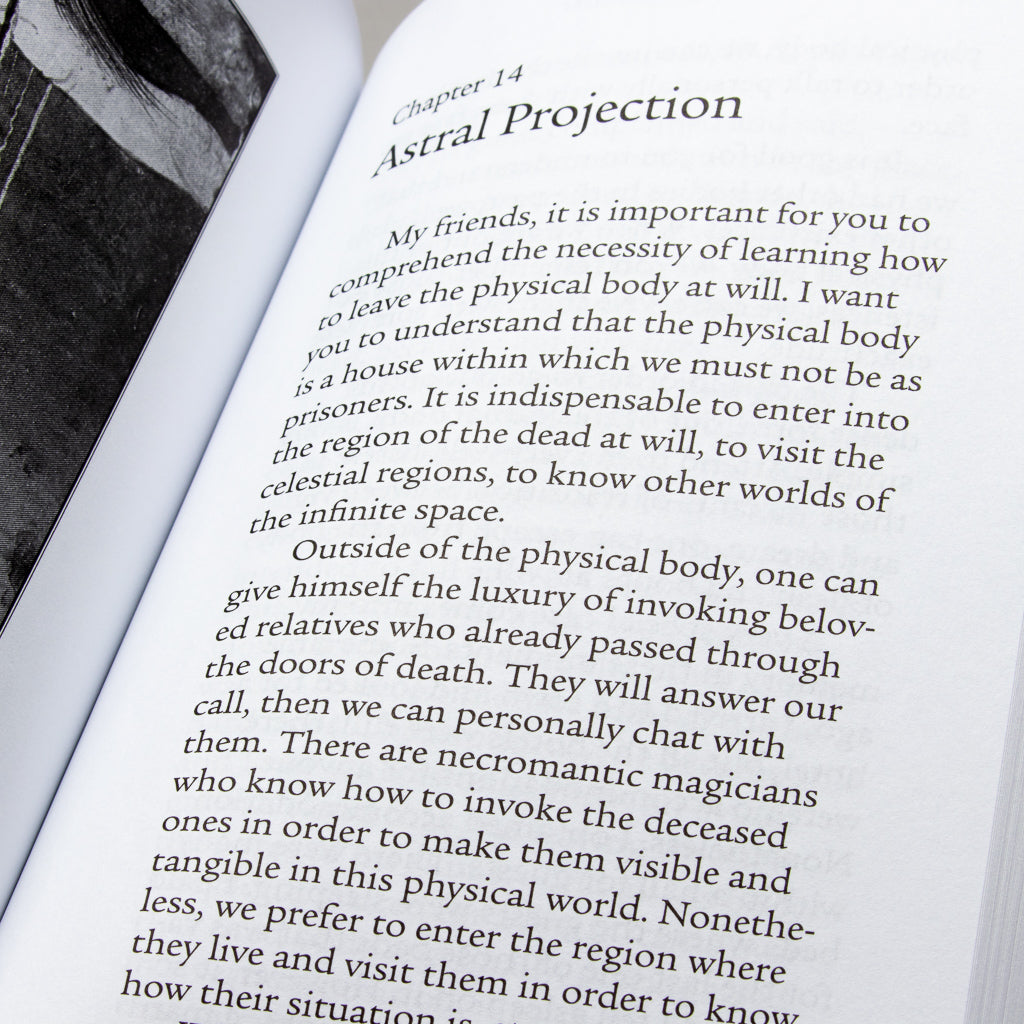 A close-up of an open book titled Gazing at the Mystery unveils a chapter on Astral Projection, exploring the paranormal and highlighting the physical bodys importance in entering other realms and communicating with those who have passed.