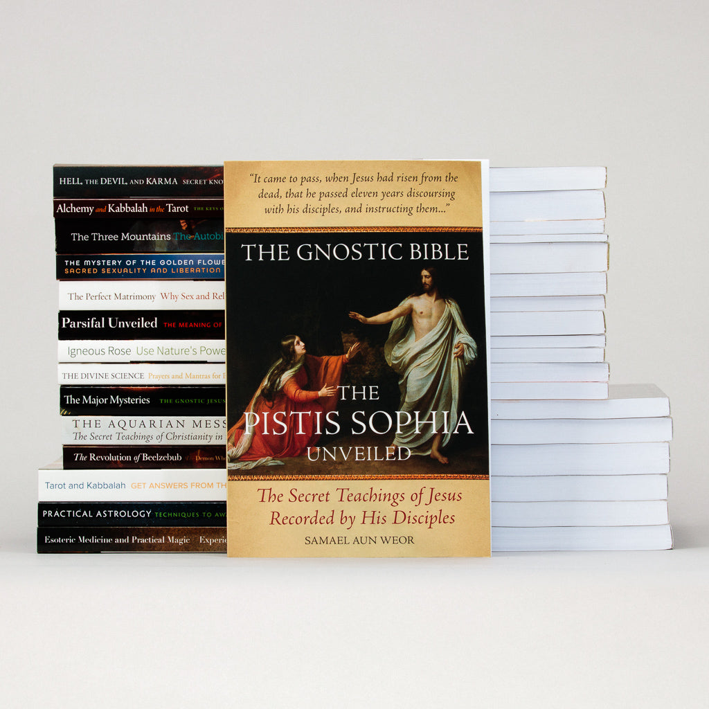 The Glorian Book Collection is neatly arranged on a pristine white surface, with The Pistis Sophia Unveiled by Samael Aun Weor, published by Glorian Publishing, prominently at the front. The stack features intriguing titles on spirituality and mysticism.