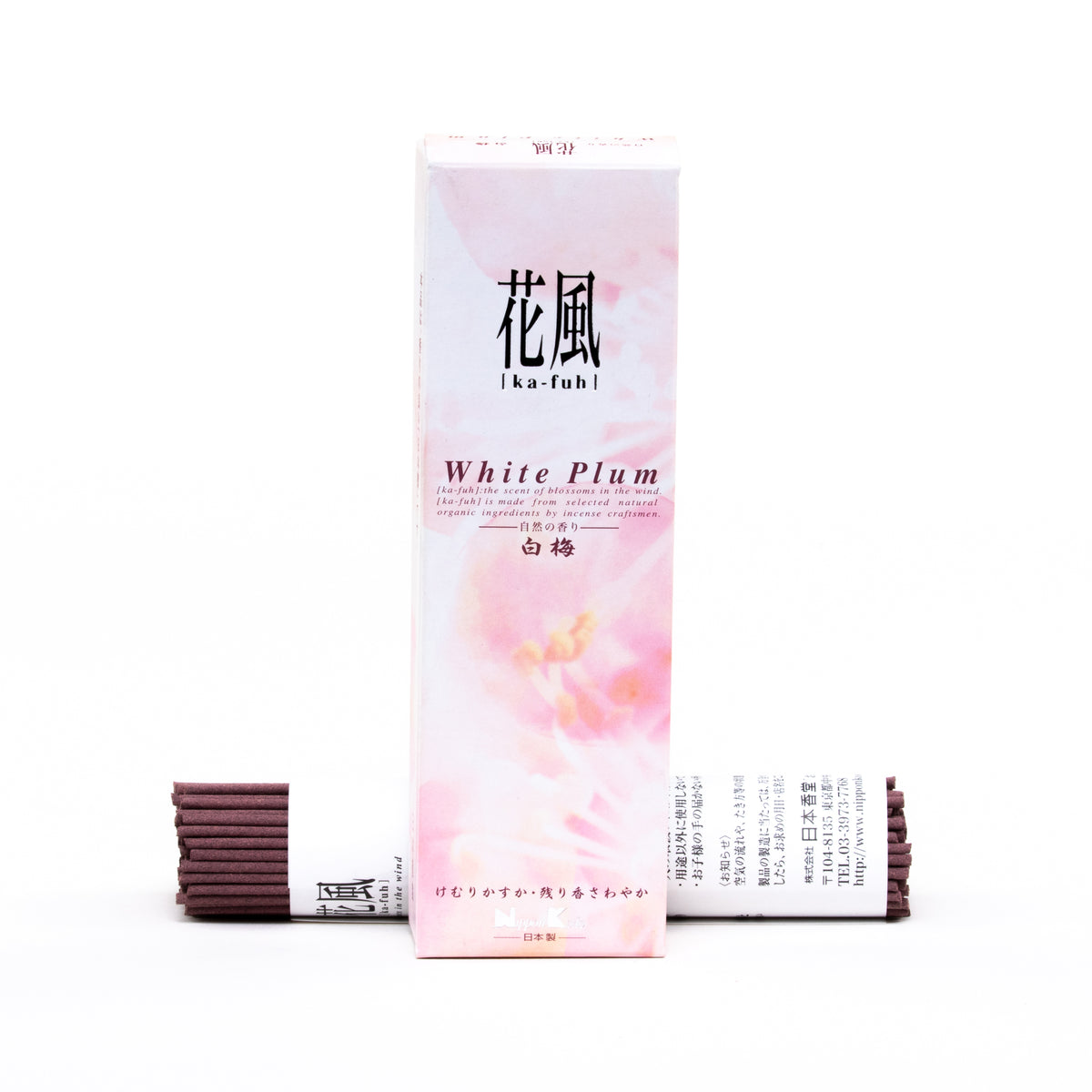 The Ka-Fuh White Plum Incense, featuring Japanese text, offers a pure scent with soft floral packaging in pink and white. In the background, several sticks of this Japanese-style incense are visible on the right side.