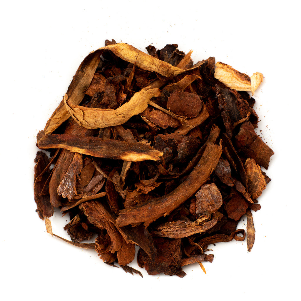 A close-up showcases a pile of Storax Bark and dried cinnamon bark flakes on a white background, highlighting their rough texture, rich brown hues, and aromatic qualities.