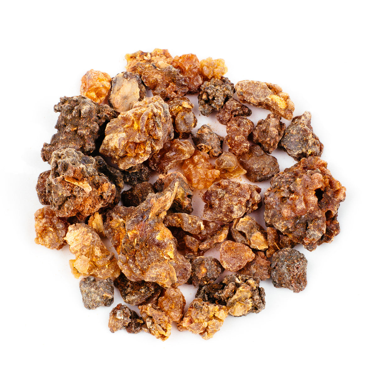 A pile of First Grade Myrrh Resin Incense chunks on a white background, ideal for incense use. The resin exhibits various brown and orange hues, showcasing a rough and irregular texture.