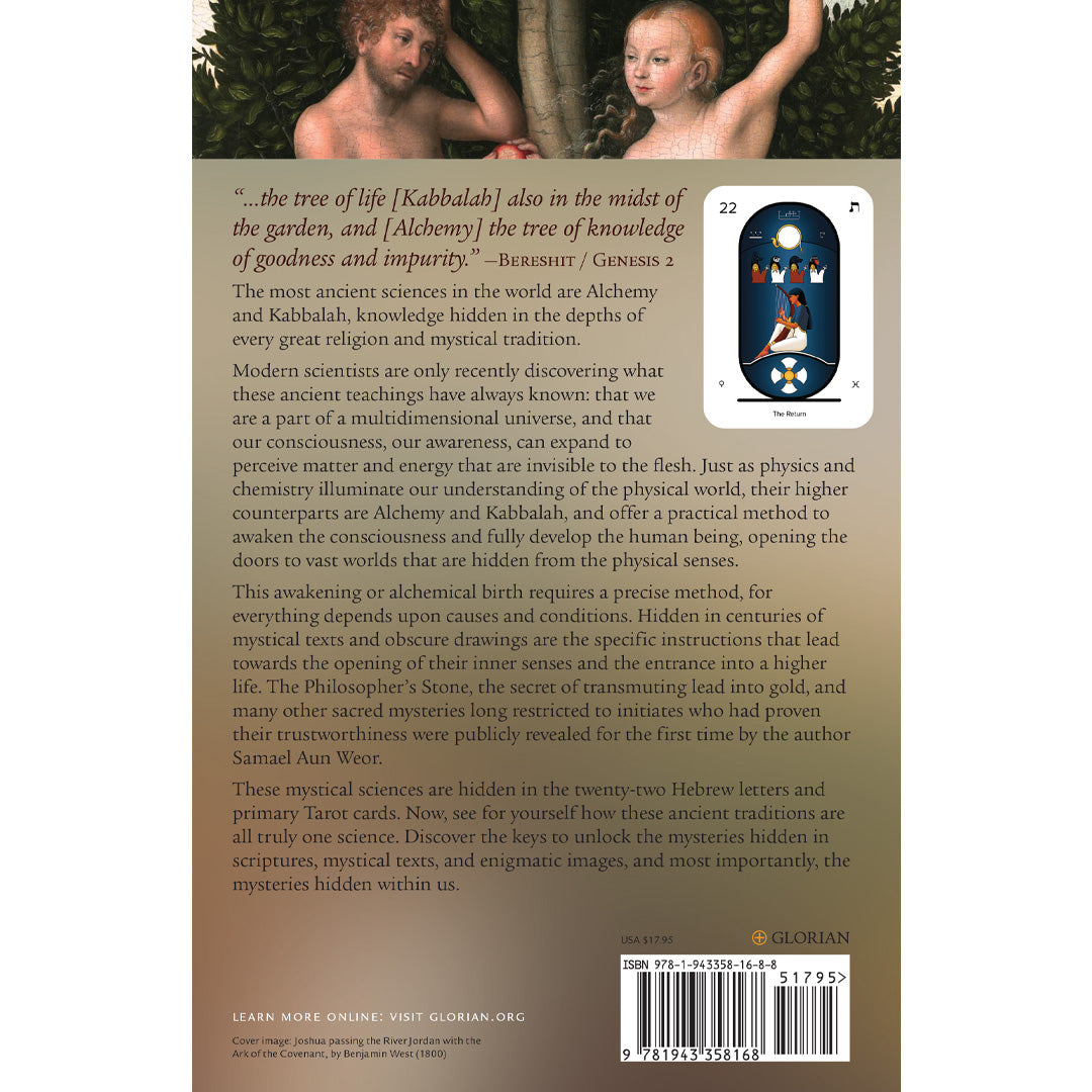 The back cover of Alchemy and Kabbalah in the Tarot includes an excerpt on mystical traditions, Tarot symbols, and Kabbalah secrets with an ISBN barcode. Classical figures are set in the background, overlaid with mystical symbols and text.