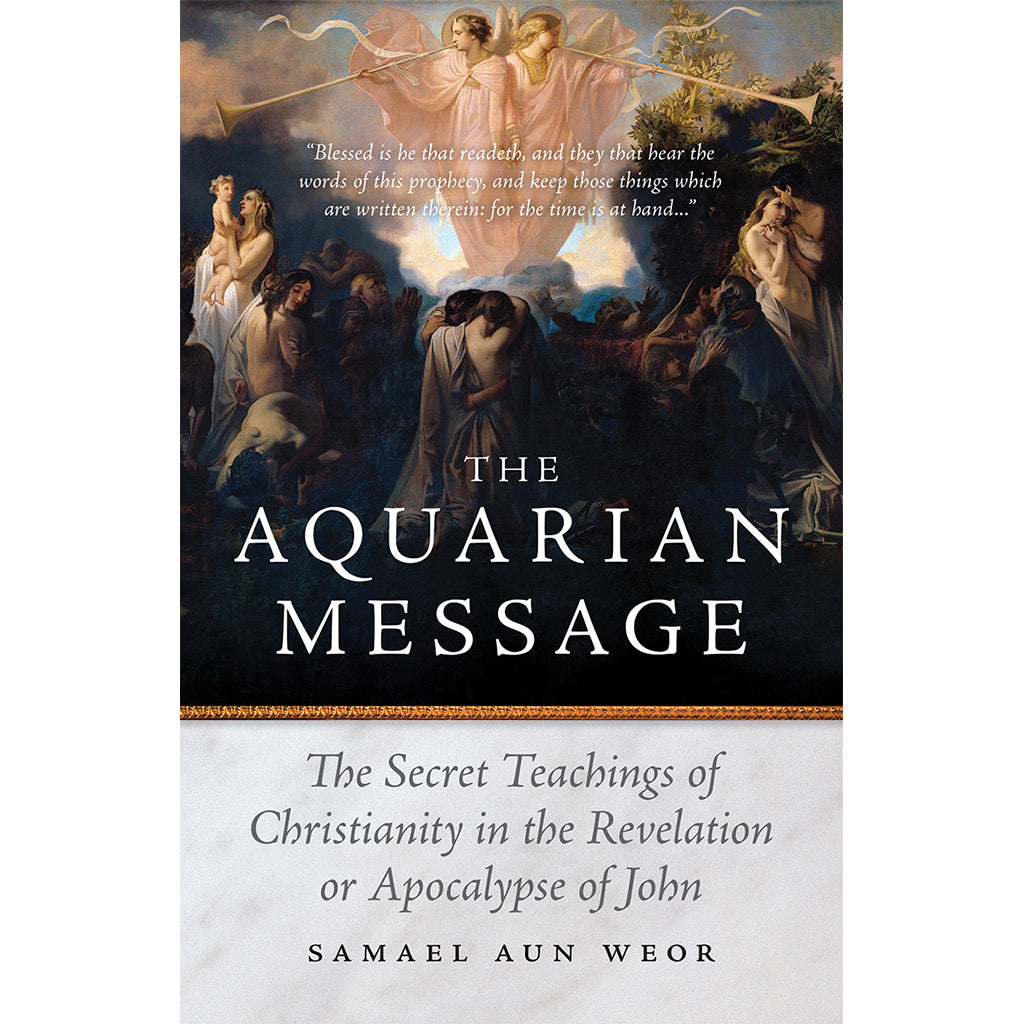 Cover of Aquarian Message by Samael Aun Weor features ethereal figures rising above a landscape with an angelic presence, suggesting the Apocalypse, and includes text: Blessed is he that readeth... along with the subtitle: The Secrets of Christianity in the Revelation.