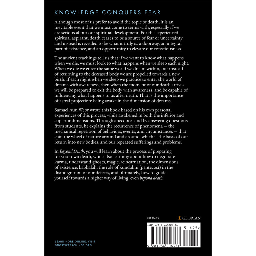 The image displays the back cover of Beyond Death by Samael Aun Weor, exploring spiritual development, understanding death, and awakening consciousness. The barcode, ISBN, and price are arranged neatly at the bottom.