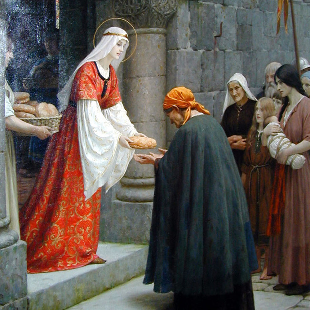 A woman in a Donation-themed red and white dress with a halo offers bread to someone in dark robes, as onlookers, including a young girl, gather near a stone building resembling Glorian Publishings peaceful setting.