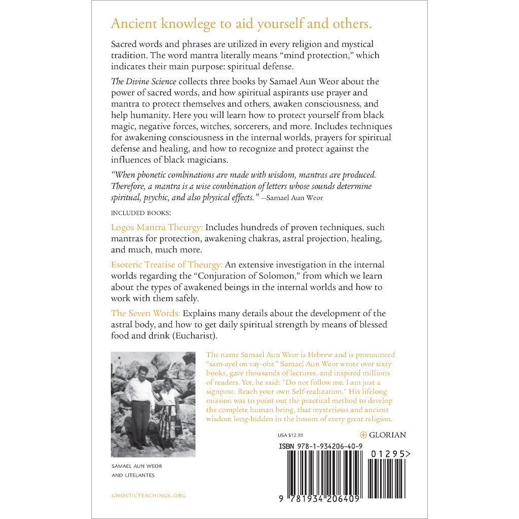 The image displays the back cover of Divine Science by Samael Aun Weor, discussing ancient words, mantras, and spiritual practices for awakening consciousness. ISBN and publisher details are listed at the bottom.