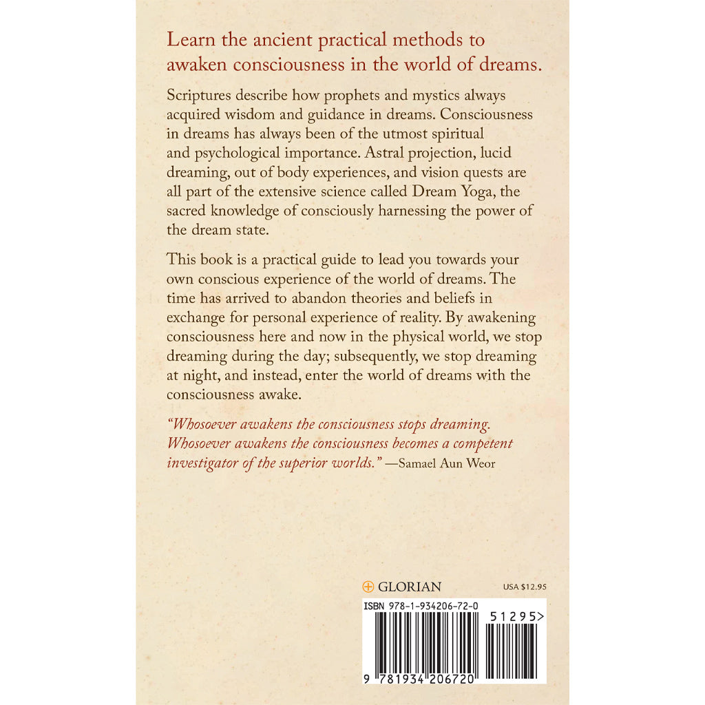 The image shows the back cover of Dream Yoga, a practical guide to lucid dreaming and exploring consciousness, featuring a quote by Samael Aun Weor, with its ISBN and price clearly visible.