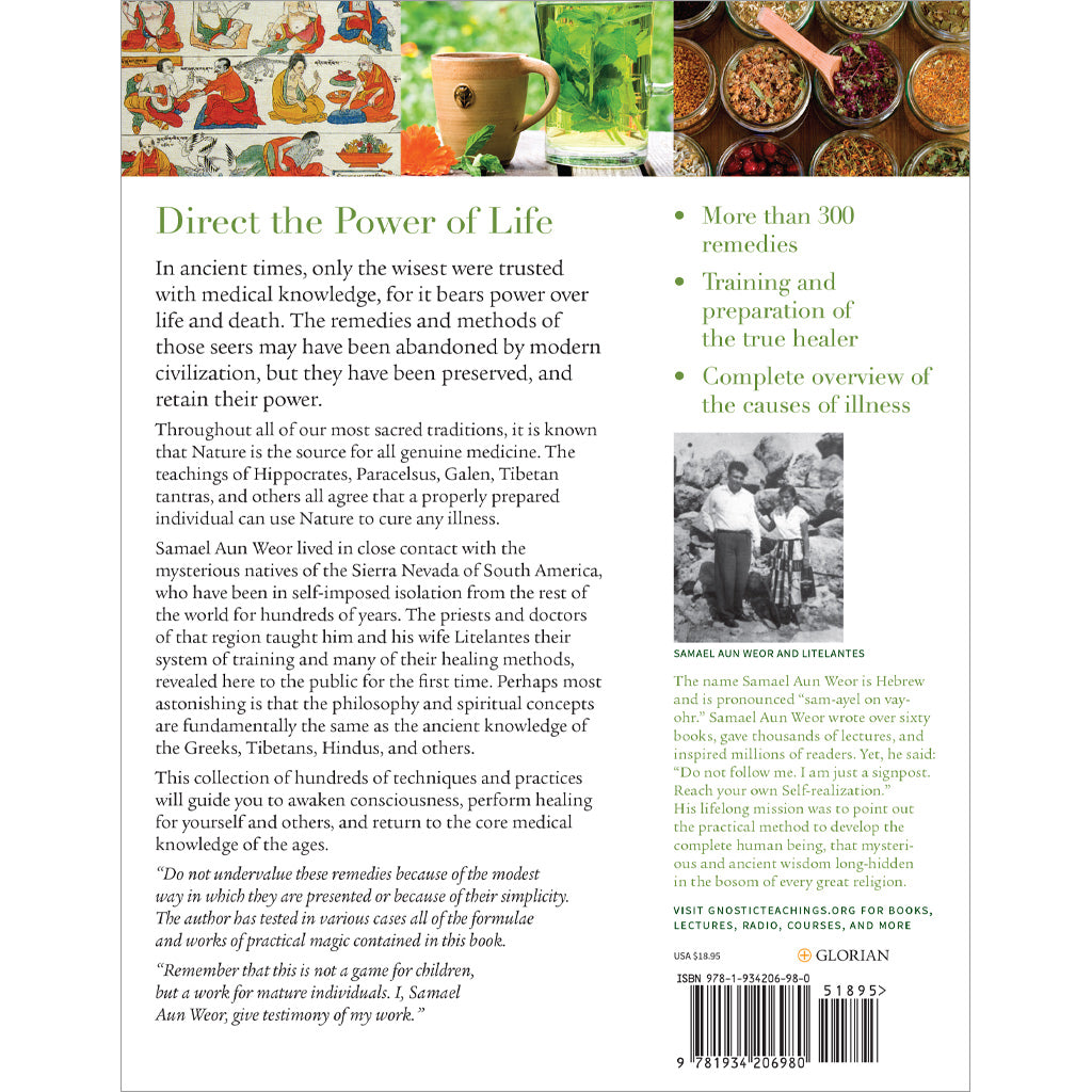 The back cover of Esoteric Medicine and Practical Magic showcases ancient medical wisdom in traditional remedies, with a serene nature image reflecting Samael Aun Weors teachings on nature’s healing power. ISBN and publishing details are listed at the bottom.