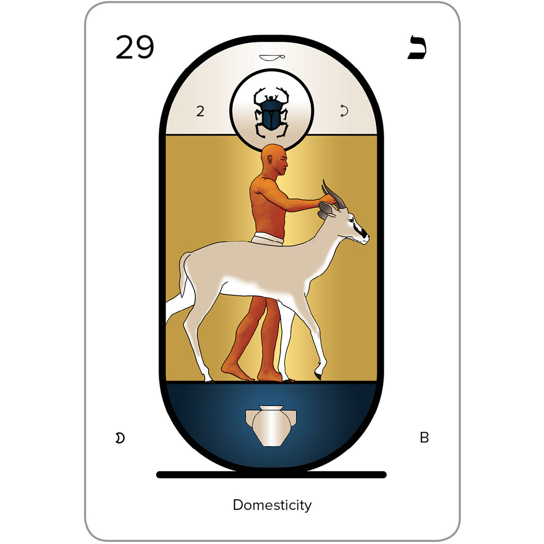 An oval frame illustration depicts a person walking with an antelope. At the top, number 29, a deer symbol, and Hebrew letter Bet (ב) add tarot flair, while Domesticity sits below. Symbols around it enhance Metatrons mystery in this Eternal Tarot Deck and Book Set.