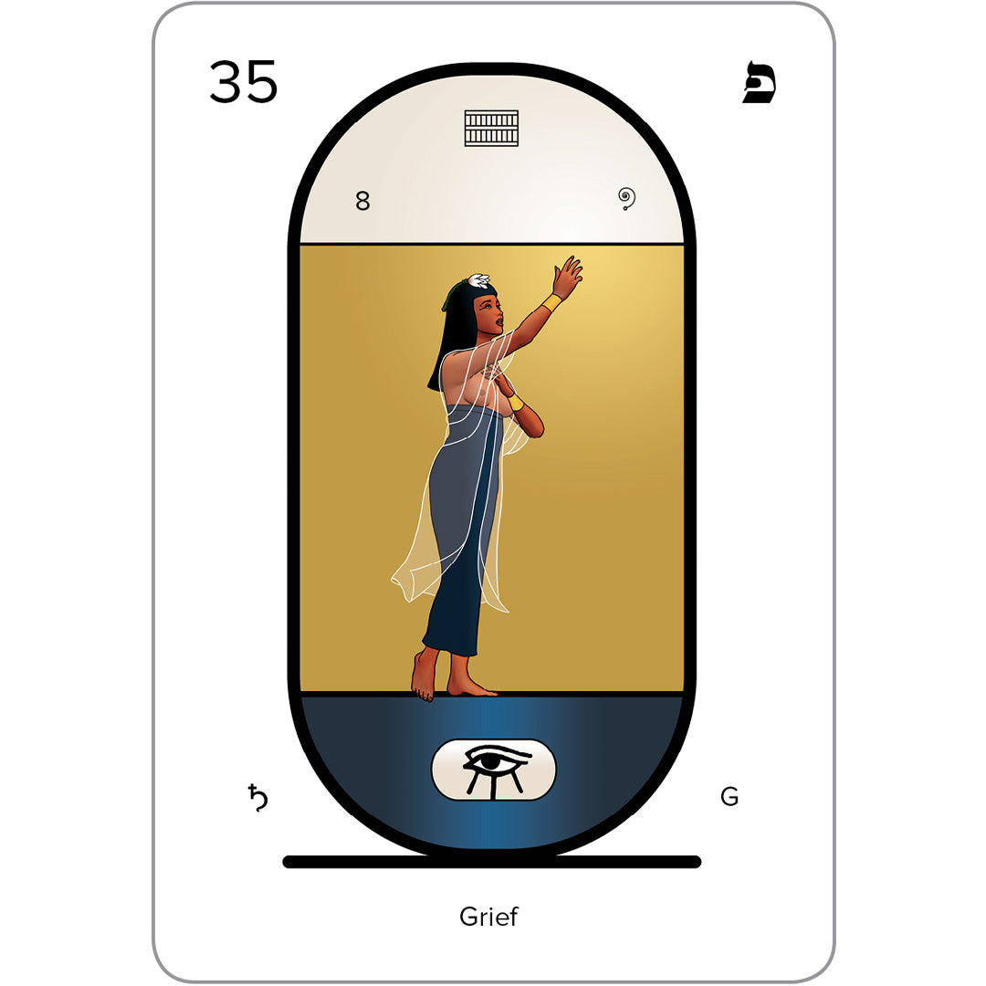 The Eternal Tarot Deck and Book Set includes the card titled Grief, numbered 35, featuring an ancient Egyptian woman in traditional attire. She stands with a raised arm in a sheer garment amidst symbols like an eye and mystical emblems interwoven with Hebrew letters linked to Metatron.