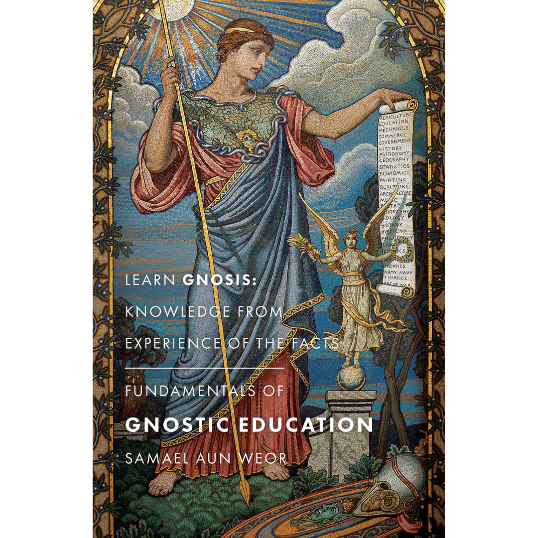 The book, Fundamentals of Gnostic Education by Samael Aun Weor, features an artistic cover with a classical woman holding a scroll and a winged figure, symbolizing knowledge and the journey of consciousness.