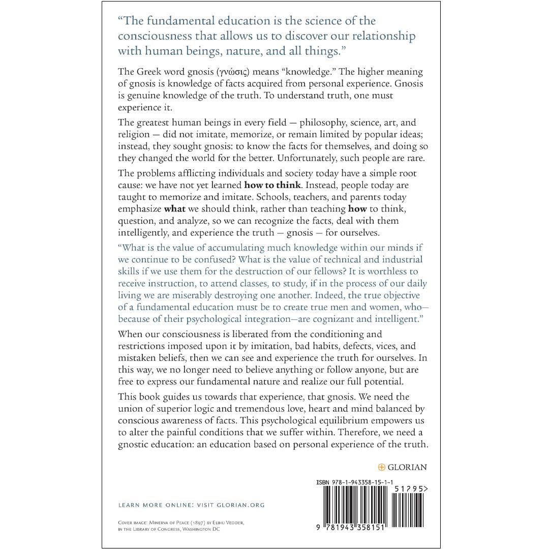 Back cover of *Fundamentals of Gnostic Education* by Samael Aun Weor. Explore the profound realms of education and consciousness, where knowledge meets gnosis in a transformative journey. Discover more at our website. Barcode at bottom.