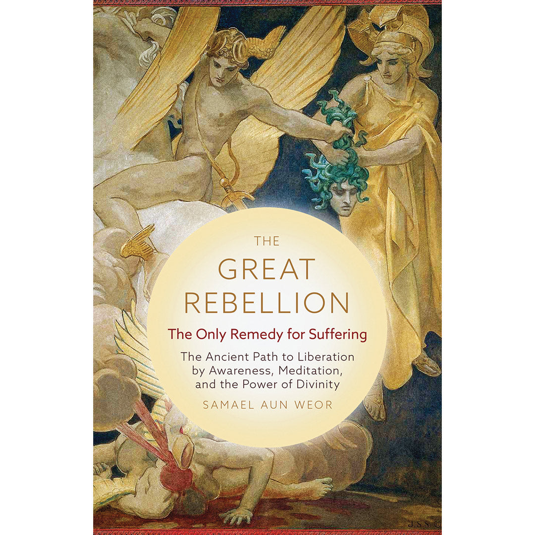 Cover of Great Rebellion by Samael Aun Weor showcases a classical-style painting with figures in dynamic liberation, flowing garments, and mythological themes. The title and authors name are prominently displayed over a circular light area, inviting awareness.