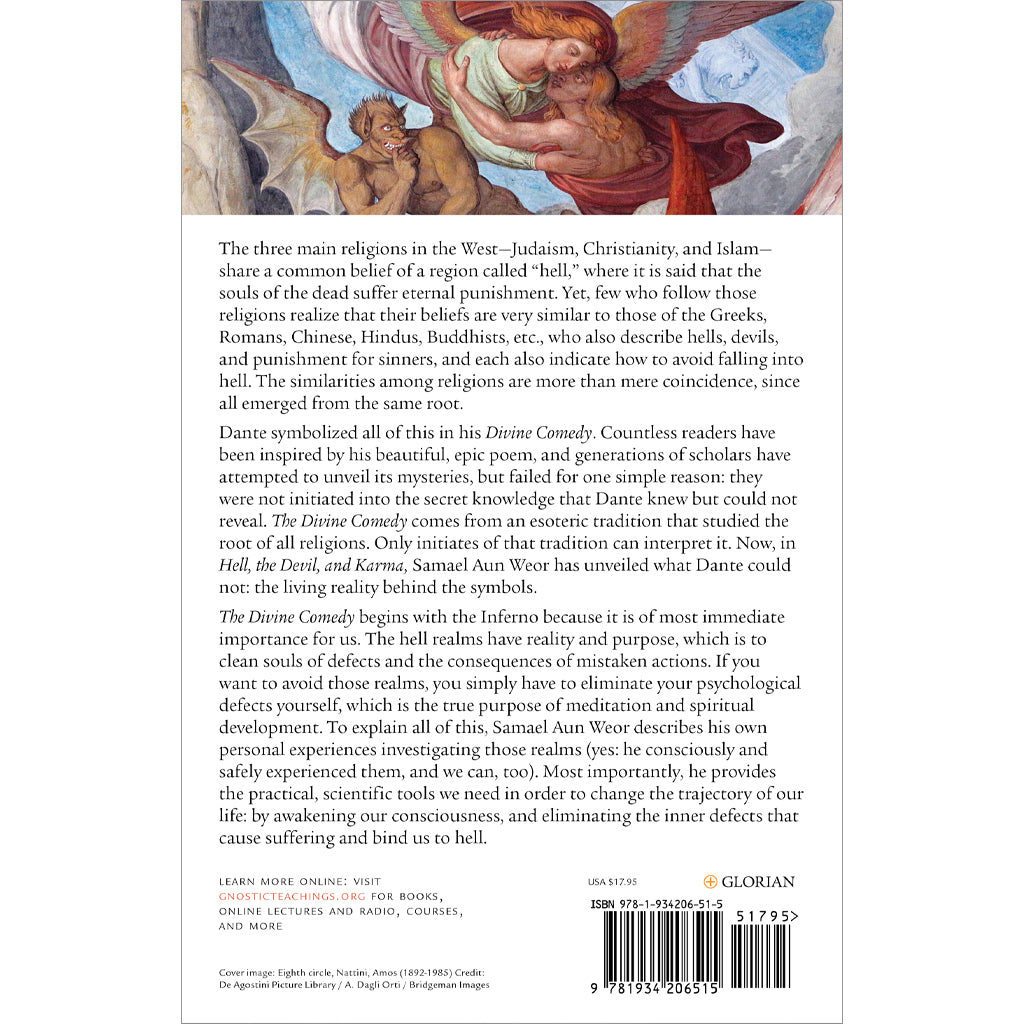 The book cover shows a dramatic scene with several figures from Dantes Inferno. Below, the title Hell, the Devil, and Karma appears with a summary. The ISBN and publishing details are at the bottom, and a price tag is in the upper right corner.