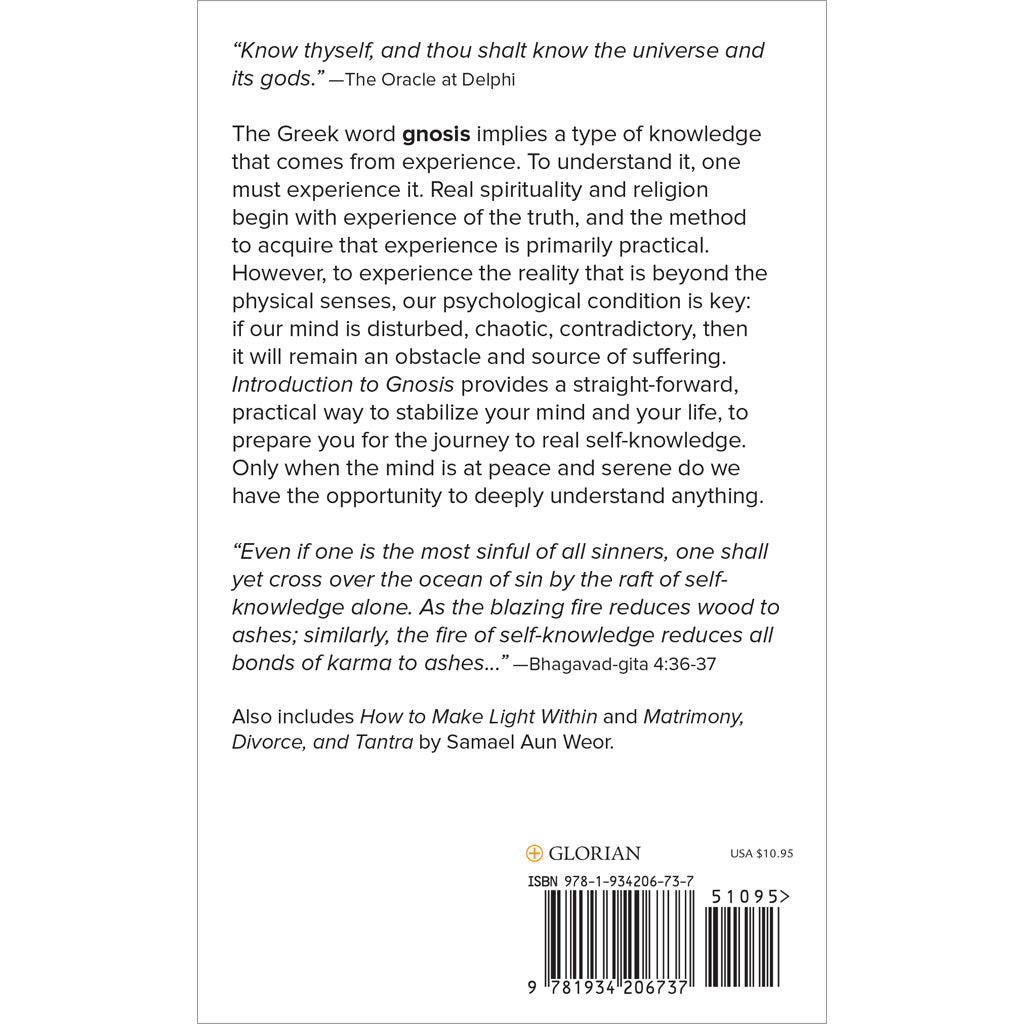 A book page introduces Introduction to Gnosis with a quotation on self-knowledge, blending philosophical reflections and practical skills for real spirituality. At the bottom, publication details and a barcode are visible.