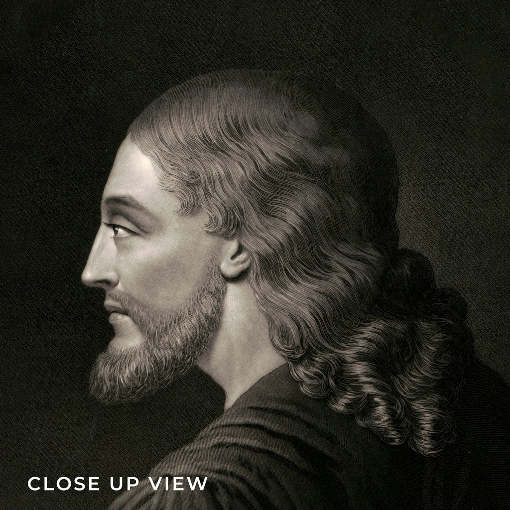 A grayscale illustration of Jesus, with long wavy hair and a beard, faces left in classic religious art style. This museum-grade print, titled Authentic Image of Jesus Museum-grade Print, exudes timeless elegance. Text at the bottom left reads CLOSE UP VIEW.