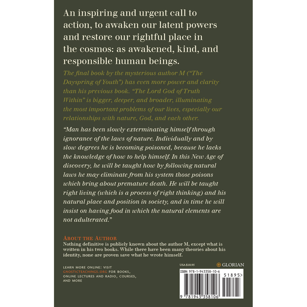 The image displays the back cover of The Dayspring of Youth, summarizing its transformative teachings on clarity, health, and wisdom. It delves into union with Innermost and references Lord God of Truth Within.