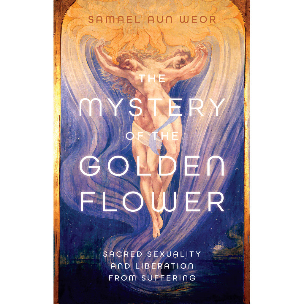 Book cover titled Mystery of the Golden Flower by Samael Aun Weor, illustrating a person with flowing hair against an abstract, swirling background that symbolizes spiritual awakening and transformation through mysticism.