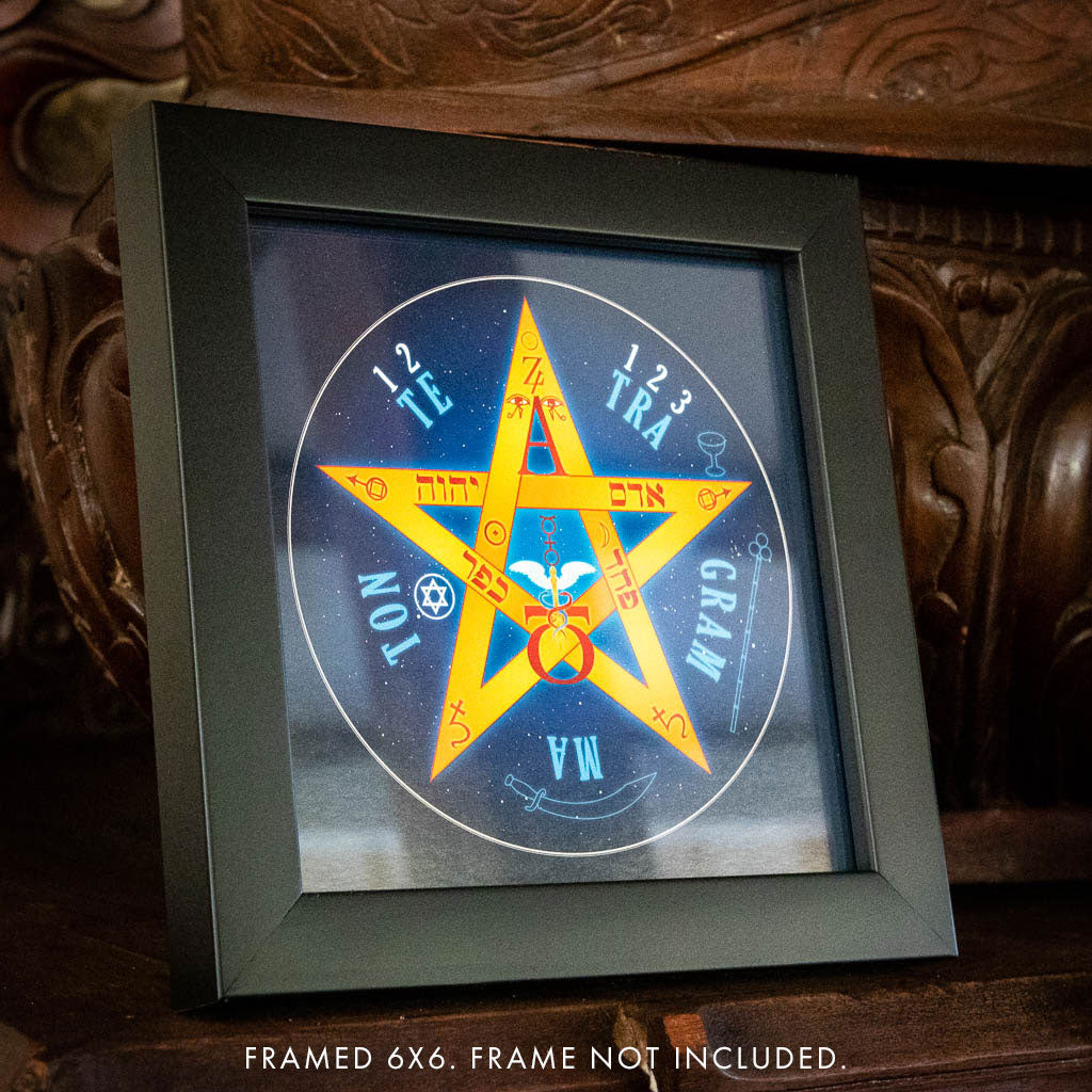 The Pentagram Card features a mystical yellow star with symbols and text inside a circle on wood. It offers spiritual defense from negative energies. Size: 6x6. Frame not included.