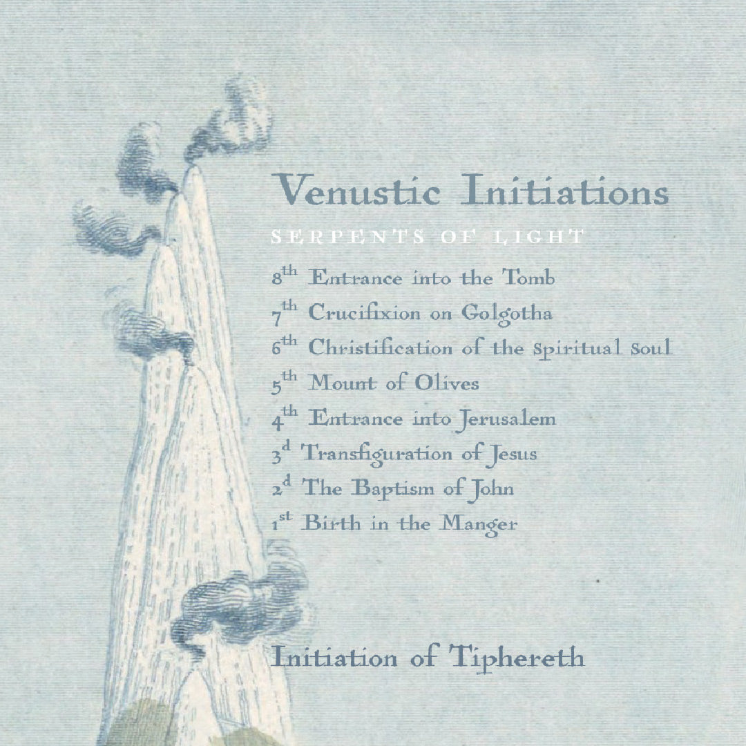 The Map of the Spiritual Path: Three Mountains Poster features an illustration with stylized trees, titled Venustic Initiations. It lists spiritual stages from 8th to 1st on the Bodhisattvas path, including Entrance into the Tomb and Birth in the Manger, ending with Initiation of Tiphereth at the bottom.