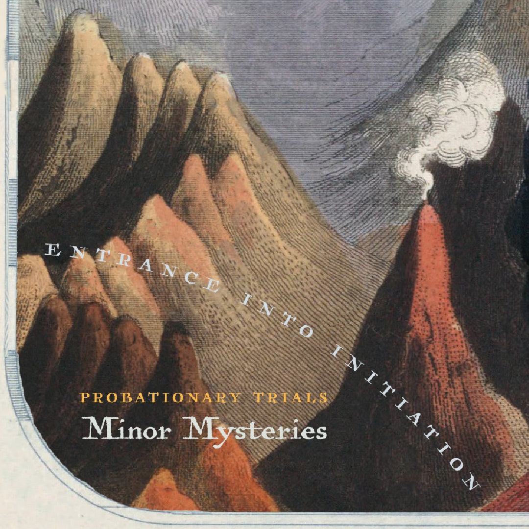 The Map of the Spiritual Path: Three Mountains Poster features an illustration of mountains, including a smoking volcano and the iconic Three Mountains. The text reads Entrance into Initiation, Probationary Trials, and Minor Mysteries, symbolizing a Bodhisattvas spiritual journey.
