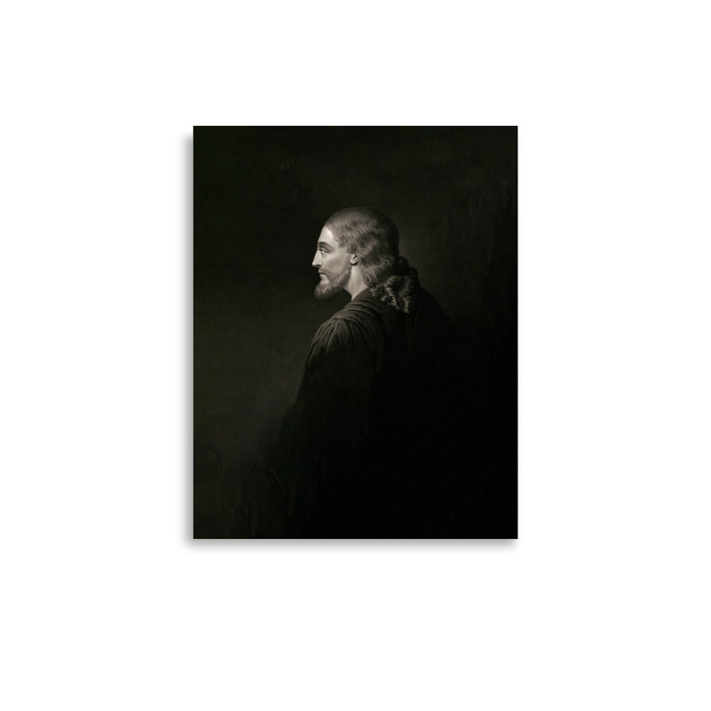 The Authentic Image of Jesus Museum-grade Print features a black and white profile portrait of a long-haired man reminiscent of Jesus, set against a dark background. The lighting creates a soft halo on high-quality photo luster paper, enhancing his contemplative expression.
